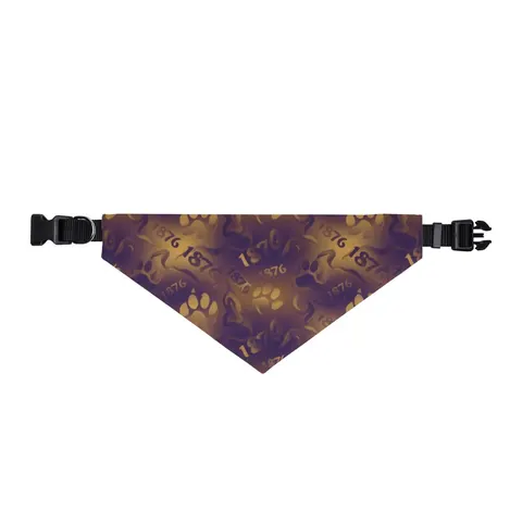 Prairie View 1876 Purple & Gold Clip-on Pet Bandana — front view