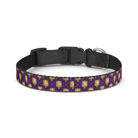 Faith Flag Praise Purple & Gold Cross Clip-on Pet Collar — front view