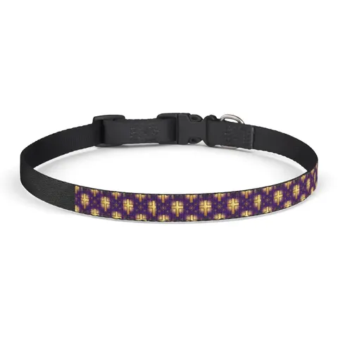 Faith Flag Praise Purple & Gold Cross Clip-on Pet Collar — front view