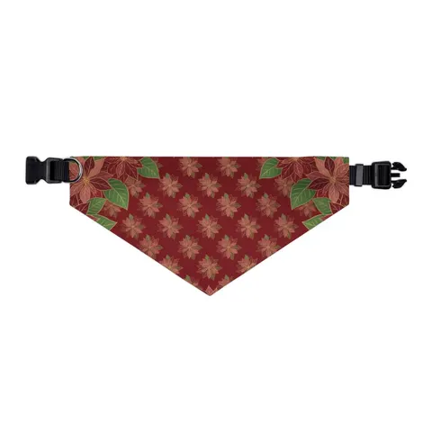 Holiday Poinsettia & Gold Leaves Pet Bandana Collar — other view