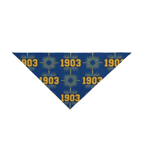 Albany State 1903 Blue & Gold Sunburst Pet Bandana — front view