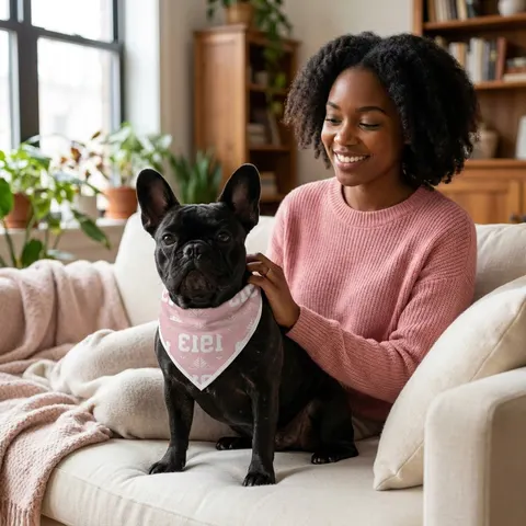 Delta 1913 Crimson Stamp Pet Bandana — lifestyle-owner view