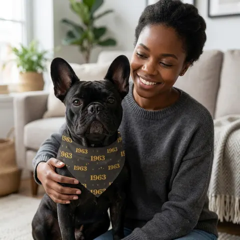 Iota 1963 Charcoal Brown & Gilded Gold Pet Bandana — lifestyle-owner view