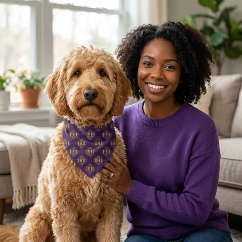 Omega 1911 Purple & Gold Glow Pet Bandana — lifestyle-owner view