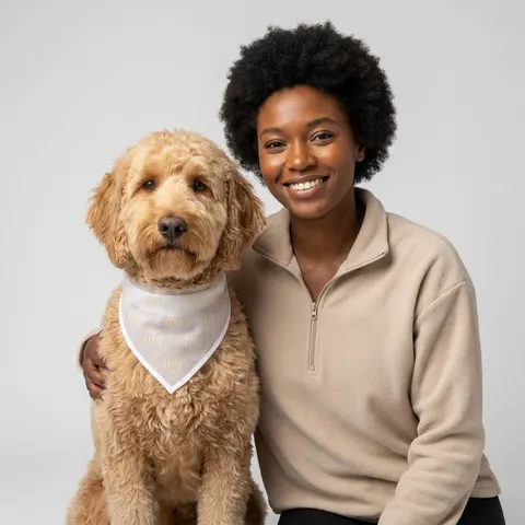 Omega 1911 Purple & Gold Glow Pet Bandana — lifestyle-owner view