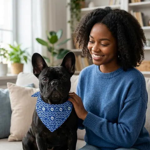 Hampton 1868 Blue & White Wave Pet Bandana — lifestyle-owner view