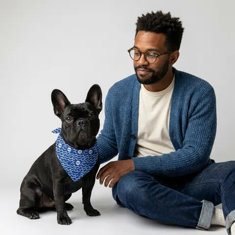 Hampton 1868 Blue & White Wave Pet Bandana — lifestyle-owner view