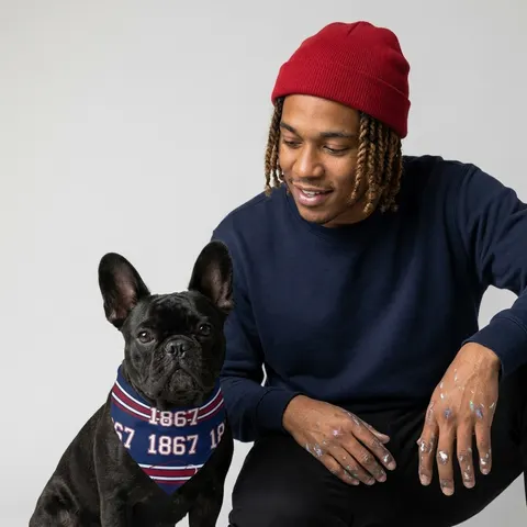 Howard 1867 Navy & Crimson Pet Bandana — lifestyle-owner view
