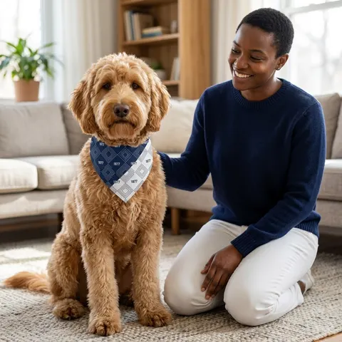 Jackson State 1877 Blue & White Split Pet Bandana — lifestyle-owner view