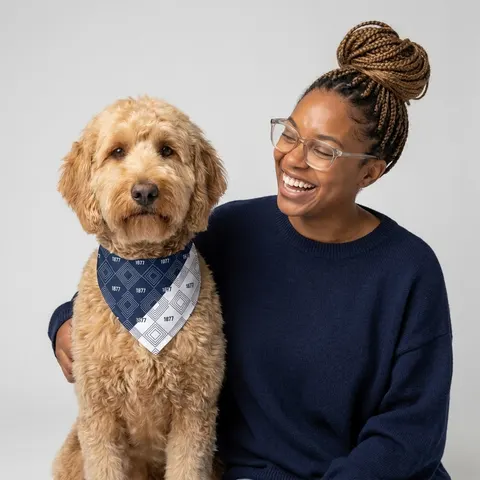 Jackson State 1877 Blue & White Split Pet Bandana — lifestyle-owner view
