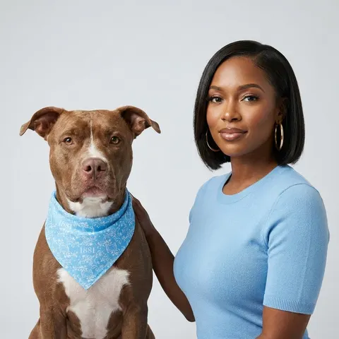 Spelman 1881 Sky Blue Elegance Pet Bandana — lifestyle-owner view
