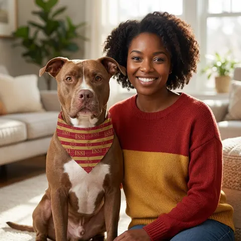 Tuskegee 1881 Crimson & Old Gold Pet Bandana — lifestyle-owner view