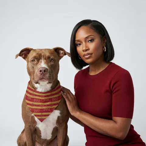 Tuskegee 1881 Crimson & Old Gold Pet Bandana — lifestyle-owner view