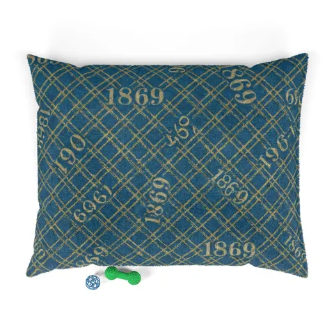 Dillard 1869 Azure & Gold Grid Pet Bed — front view