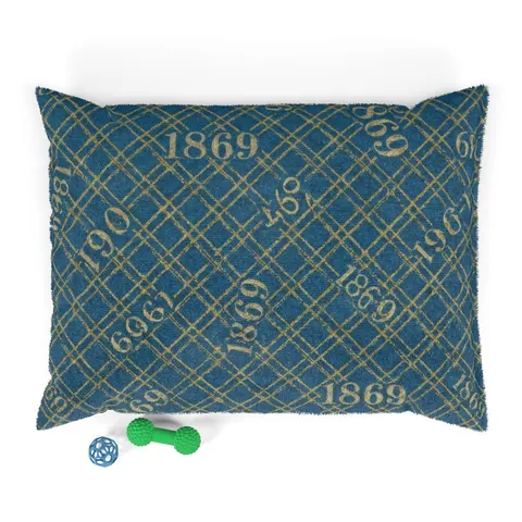 Dillard 1869 Azure & Gold Grid Pet Bed — front view