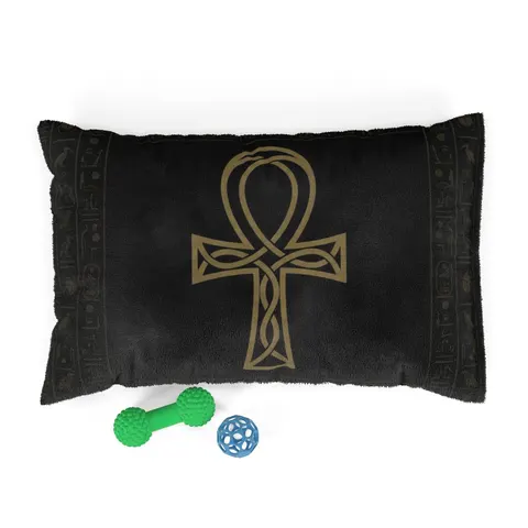 Faith Flag Ankh Gold on Black Pet Bed — front view