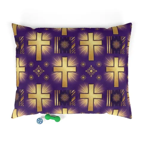 Faith Flag Praise Purple & Gold Cross Pet Bed — front view