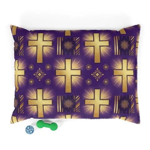 Faith Flag Praise Purple & Gold Cross Pet Bed — front view