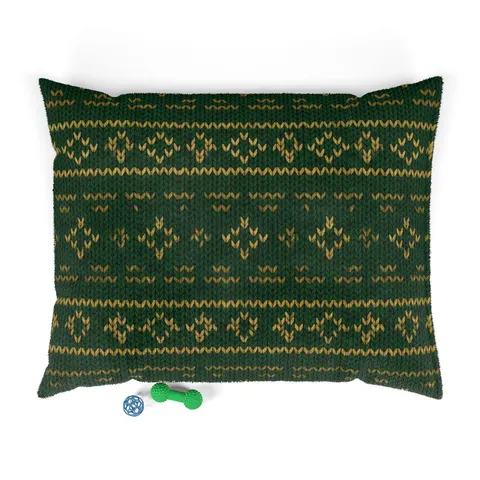 Holiday Green & Gold Knit Pet Bed — front view