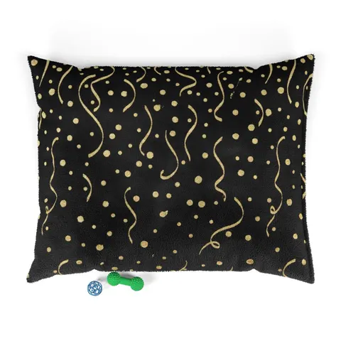 New Year Gold Confetti on Black Pet Bed — front view