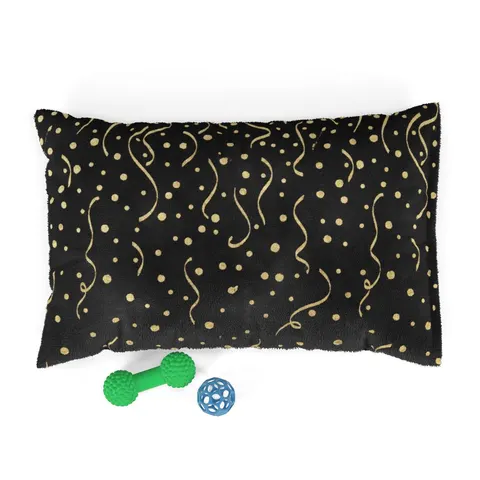 New Year Gold Confetti on Black Pet Bed — front view