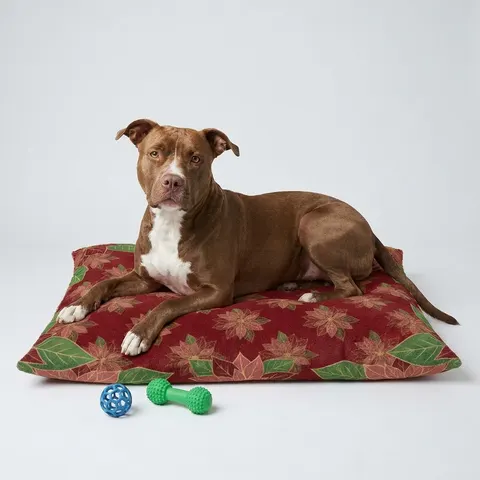 Holiday Poinsettia & Gold Leaves Pet Bed