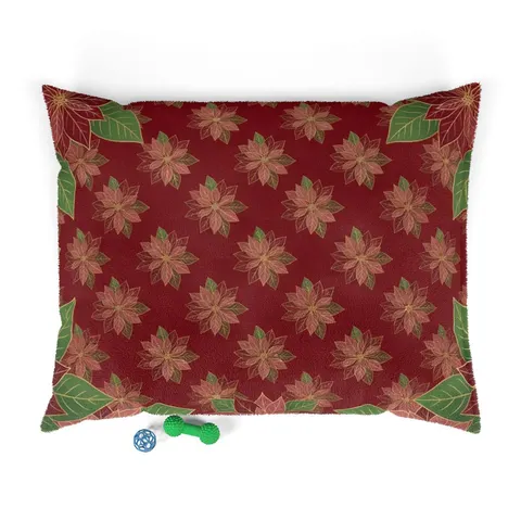 Holiday Poinsettia & Gold Leaves Pet Bed — front view