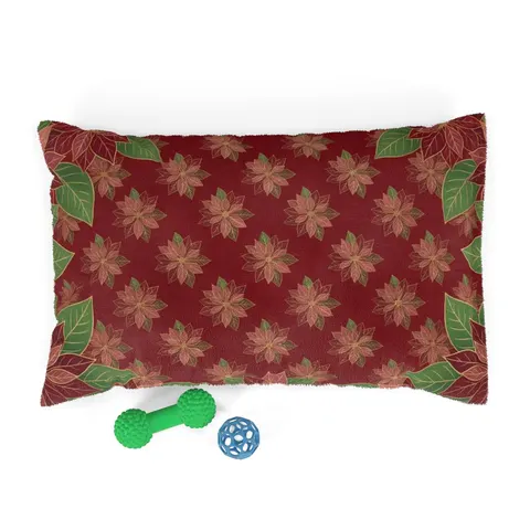 Holiday Poinsettia & Gold Leaves Pet Bed — front view