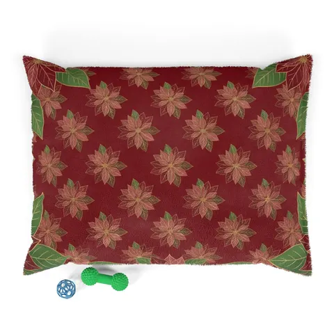 Holiday Poinsettia & Gold Leaves Pet Bed — front view