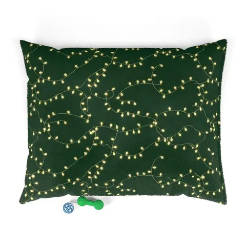 Holiday String Lights on Green Pet Bed — front view