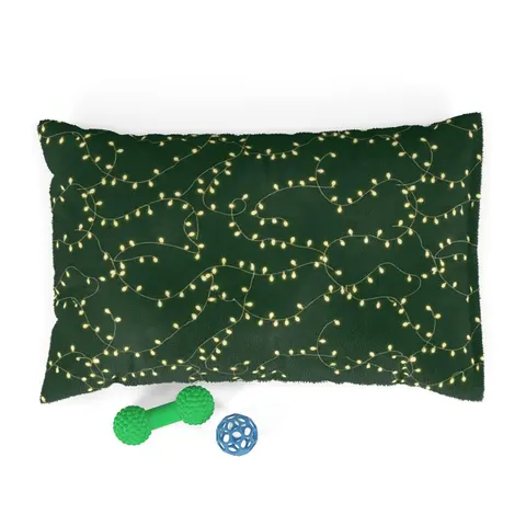 Holiday String Lights on Green Pet Bed — front view