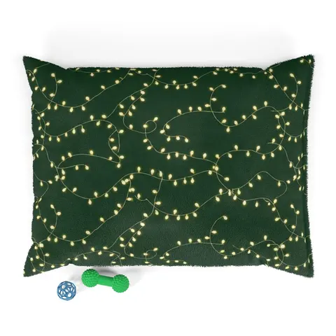 Holiday String Lights on Green Pet Bed — front view