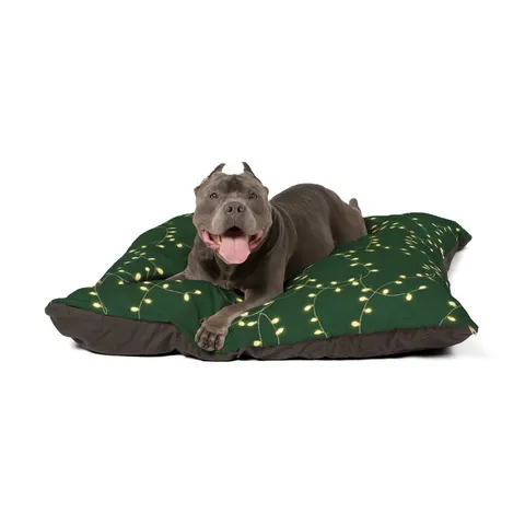 Holiday String Lights on Green Pet Bed — other view
