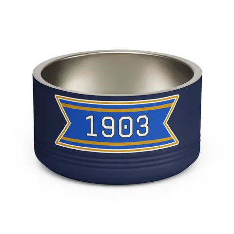 Albany State 1903 Blue & Gold Sunburst Pet Bowl — front view