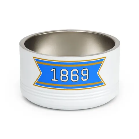 Dillard 1869 Azure & Gold Grid Pet Bowl — front view