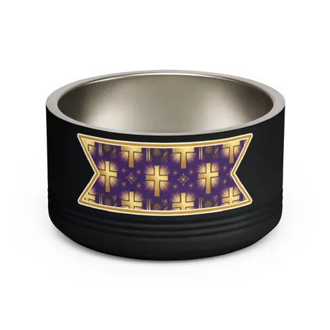 Faith Flag Praise Purple & Gold Cross Pet Bowl — front view
