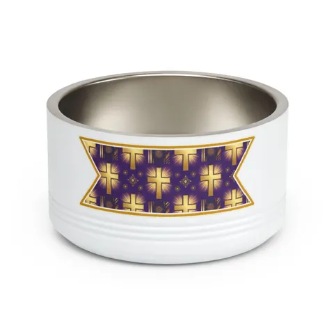 Faith Flag Praise Purple & Gold Cross Pet Bowl — front view