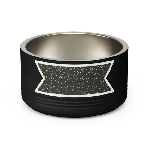 New Year Gold Confetti on Black Pet Bowl — back view