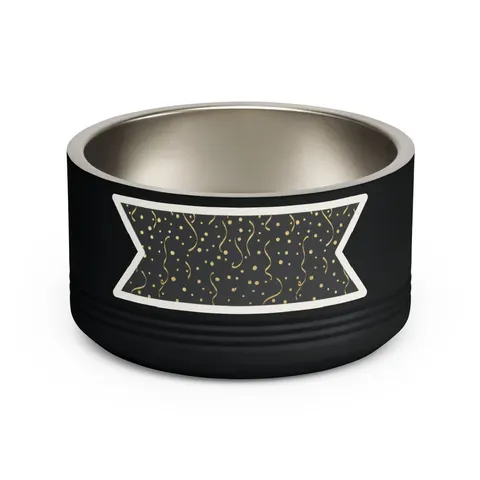 New Year Gold Confetti on Black Pet Bowl — front view