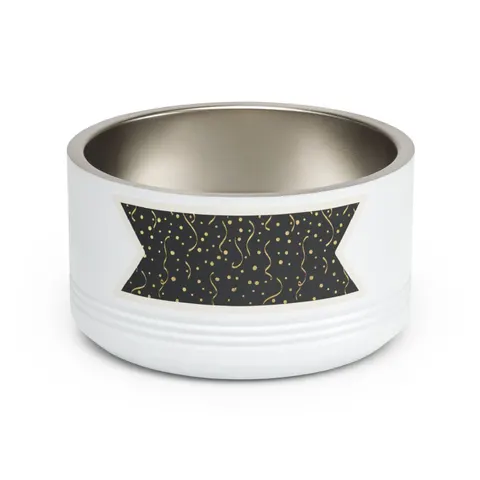New Year Gold Confetti on Black Pet Bowl — front view
