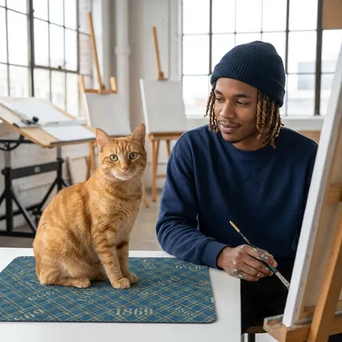 Dillard 1869 Azure & Gold Grid Pet Food Mat (12x18)