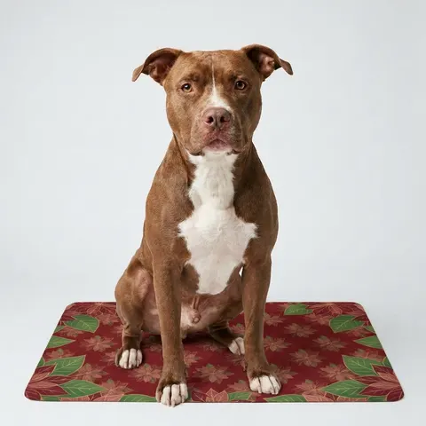 Holiday Poinsettia & Gold Leaves Pet Food Mat (12x18)