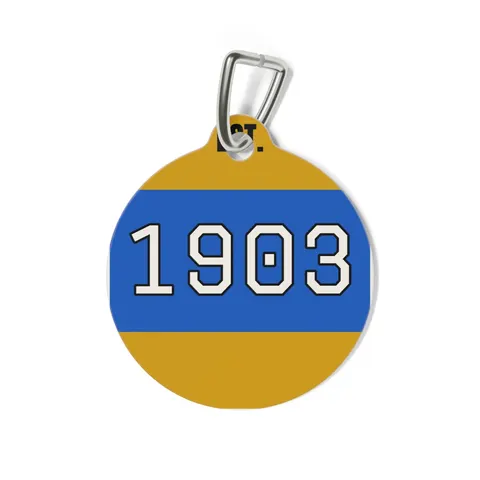 Albany State 1903 Blue & Gold Sunburst Pet Tag — back view