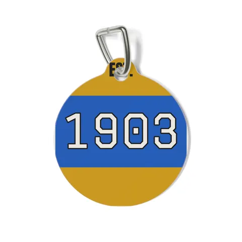 Albany State 1903 Blue & Gold Sunburst Pet Tag — front view