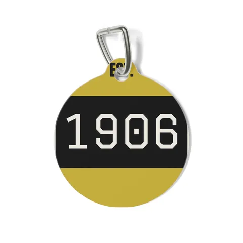Alpha 1906 Black & Old Gold Pet Tag — front view