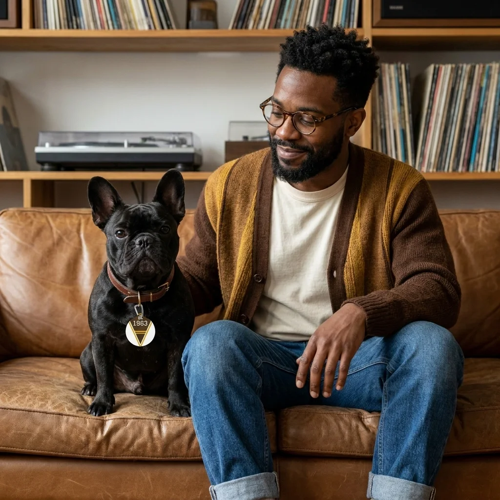 Iota 1963 Charcoal Brown & Gilded Gold Pet Tag — lifestyle-owner view
