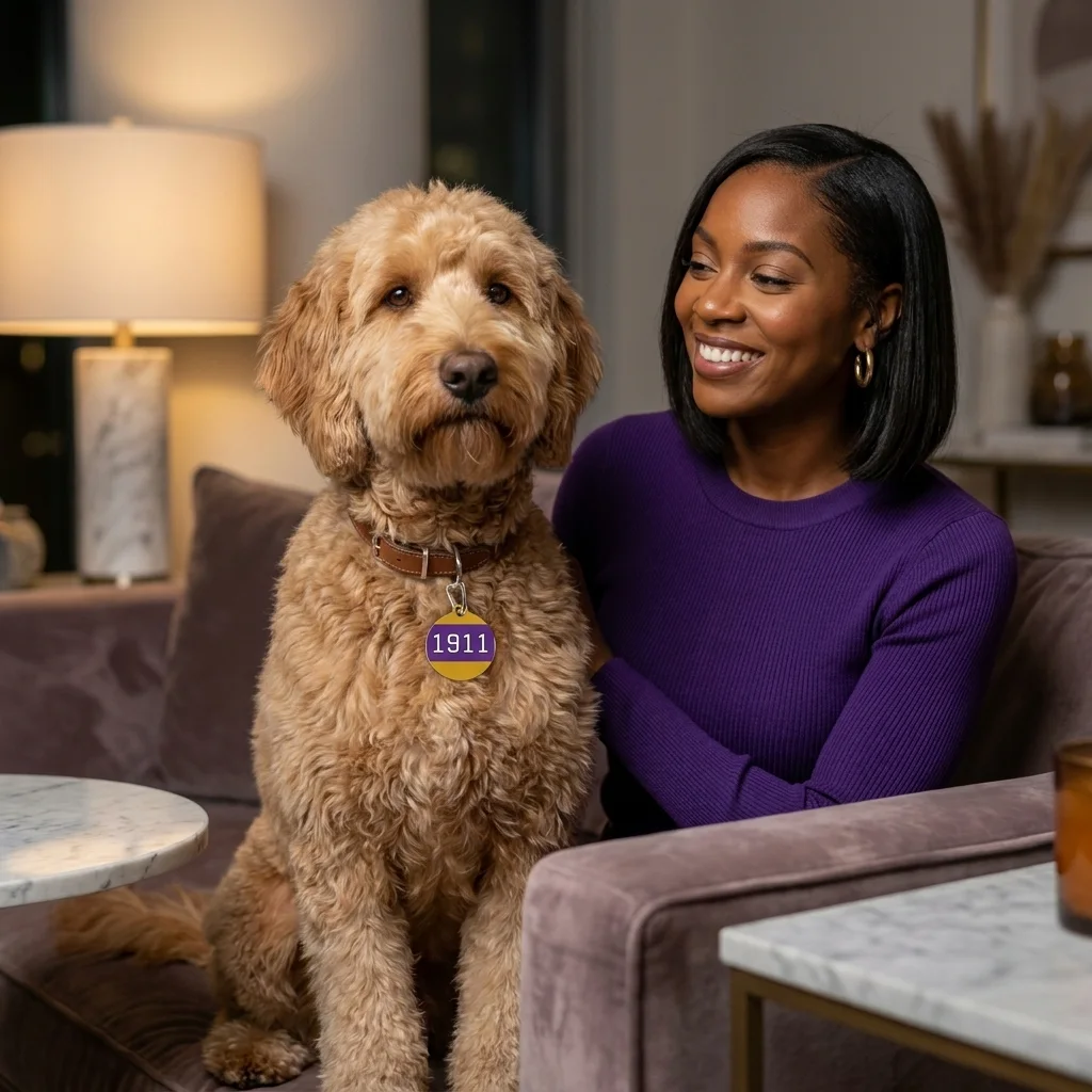 Omega 1911 Purple & Gold Glow Pet Tag — lifestyle-owner view