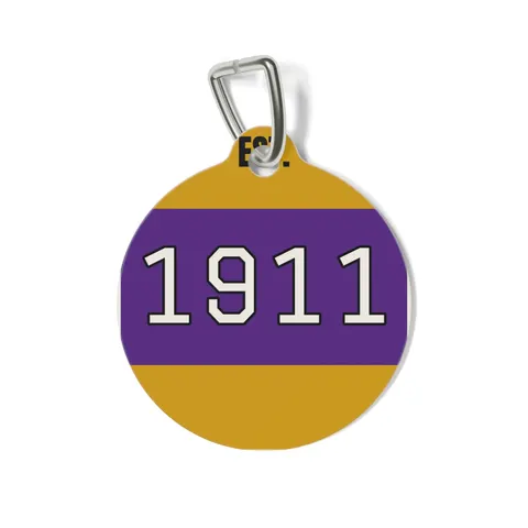 Omega 1911 Purple & Gold Glow Pet Tag — front view