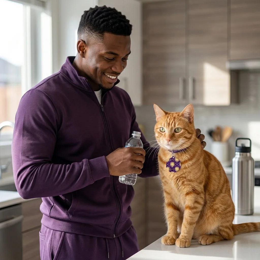 Faith Flag Praise Purple & Gold Cross Pet Tag — lifestyle-owner view