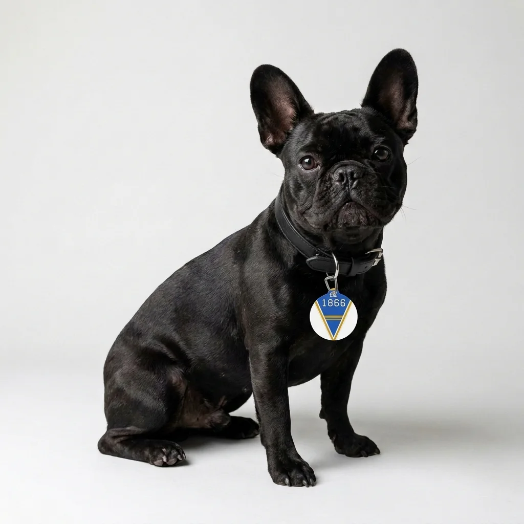 Fisk 1866 Blue & Gold Pet Tag — lifestyle view